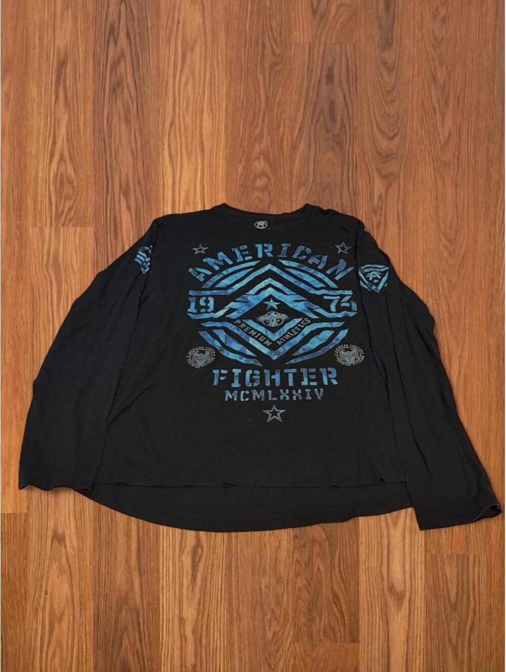Y2K American Fighter Long Sleeve Shirt Size XL Black Blue Graphic Streetwear